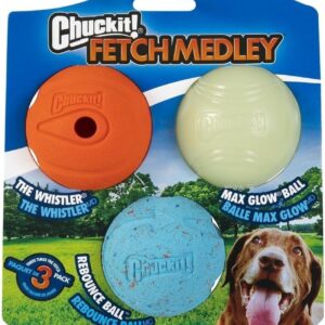 Chuckit Fetch Medley Dog Ball Dog Toys, Medium (2.5 Inch) Pack of 3, for Medium Breeds, Includes Whistler, Max Glow and Rebounce Balls